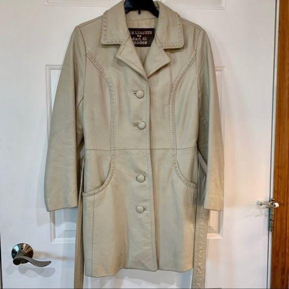 Vintage Leather Trench Coat Cream size L 14 - Picture 4 of 16